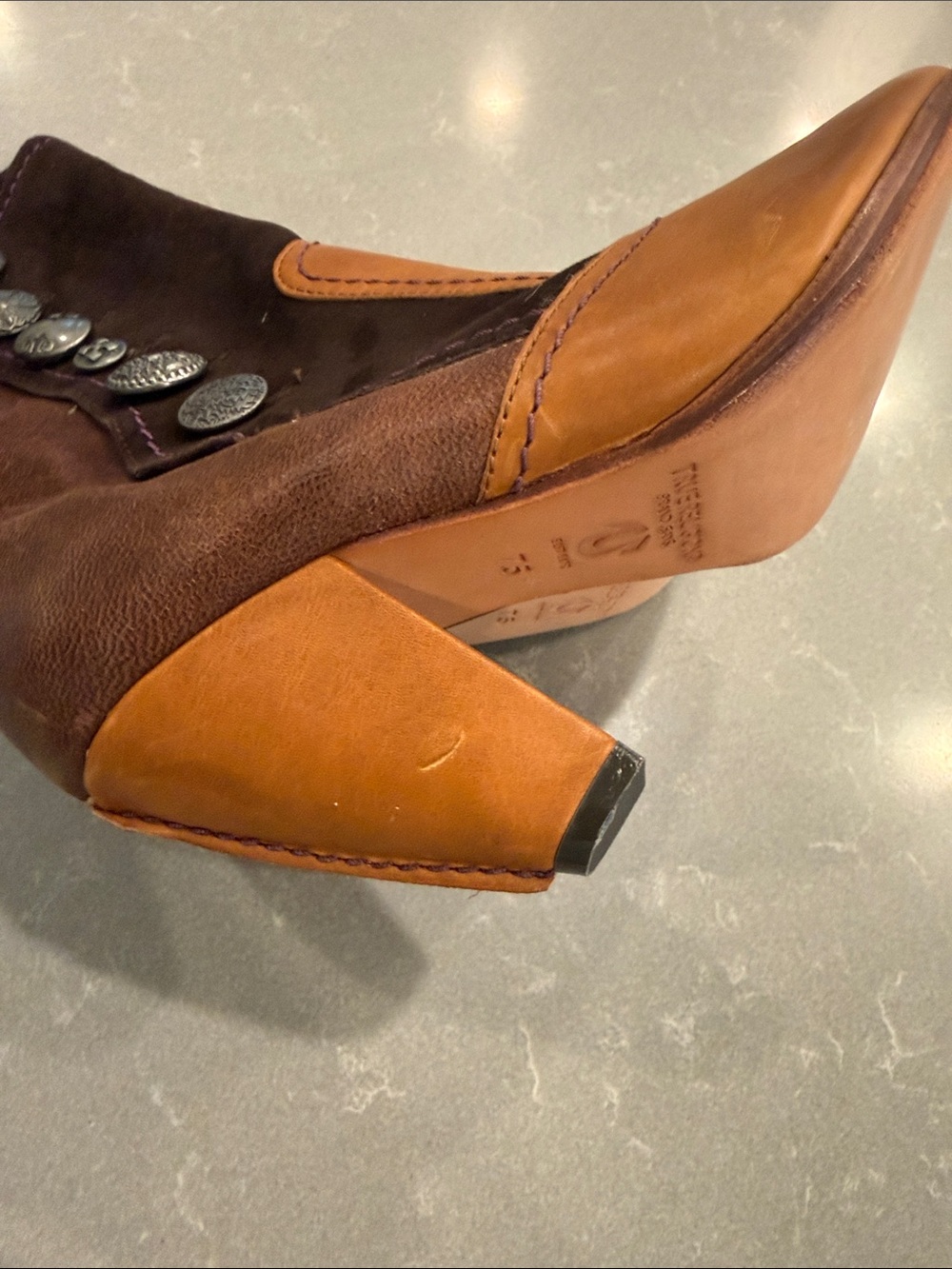 True Religion Two-Tone Brown & Tan Leather Heeled Ankle Boots - Picture 5 of 6